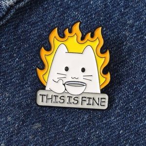 3/$30 Flame cat THIS IS FINE cartoon brooch